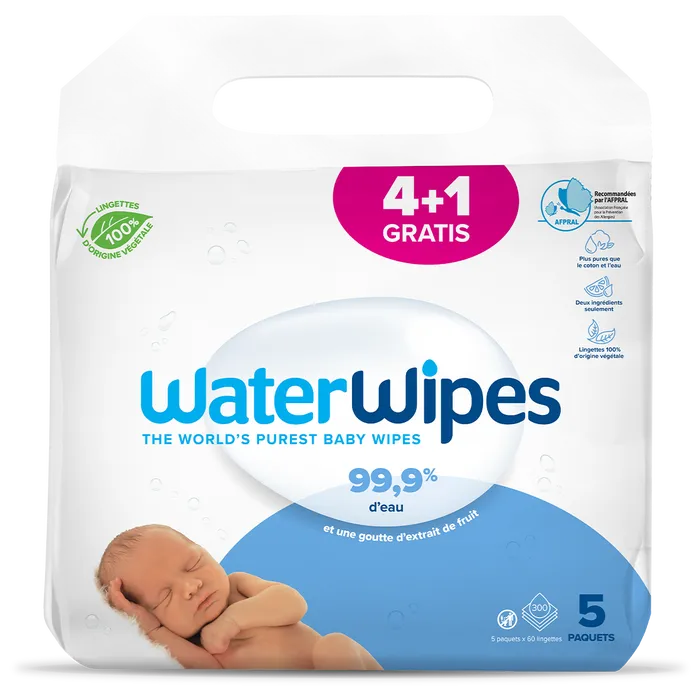 Waterwipes Lingettes Bébé à l'Eau, 4x60 Lingettes + 1 Offert